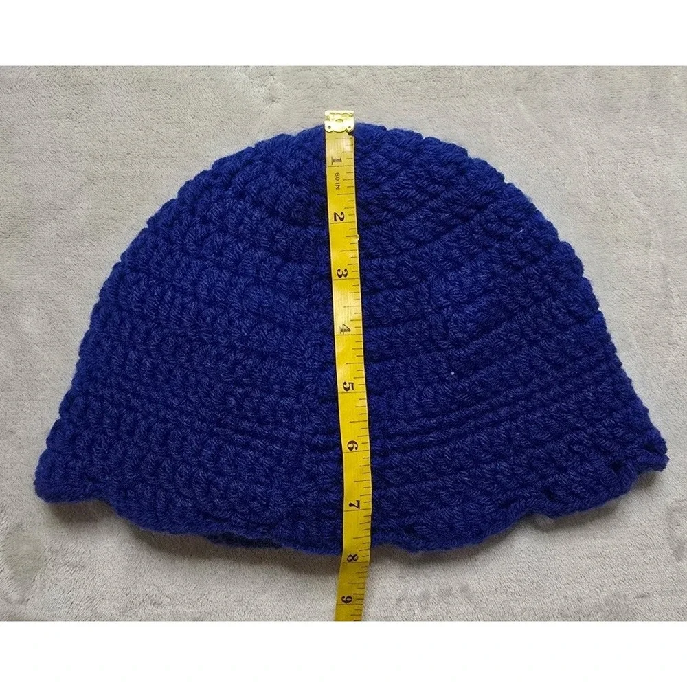 Beanie Crochet Handmade Flower Hat Women's Blue Knit‎ Scalloped Hem One Size NEW